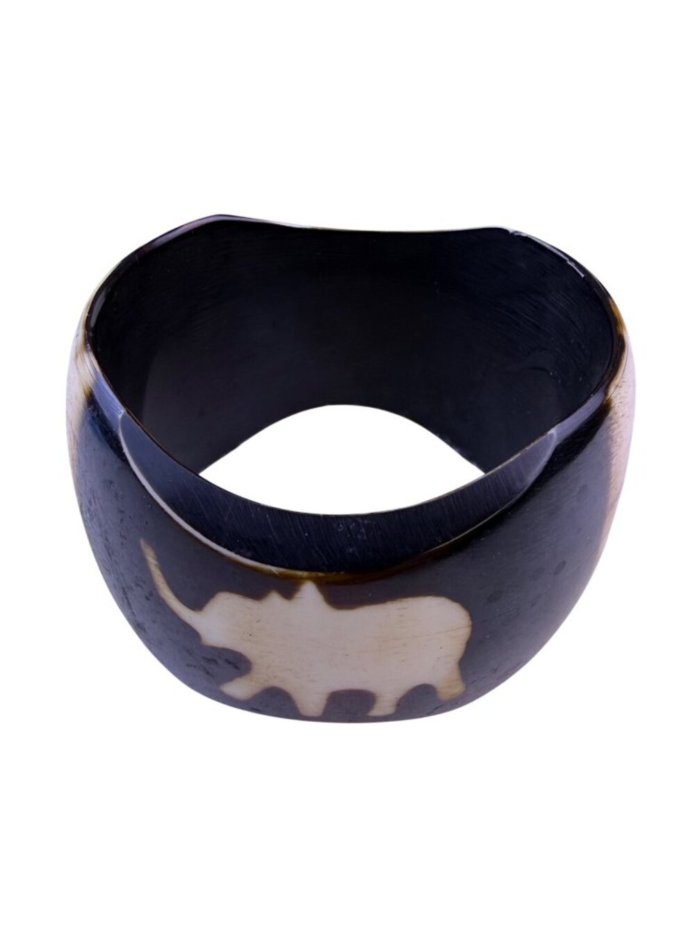 Vintage Chunky Horn Bangle Bracelet With Elephant Inlay Black & Beige Women